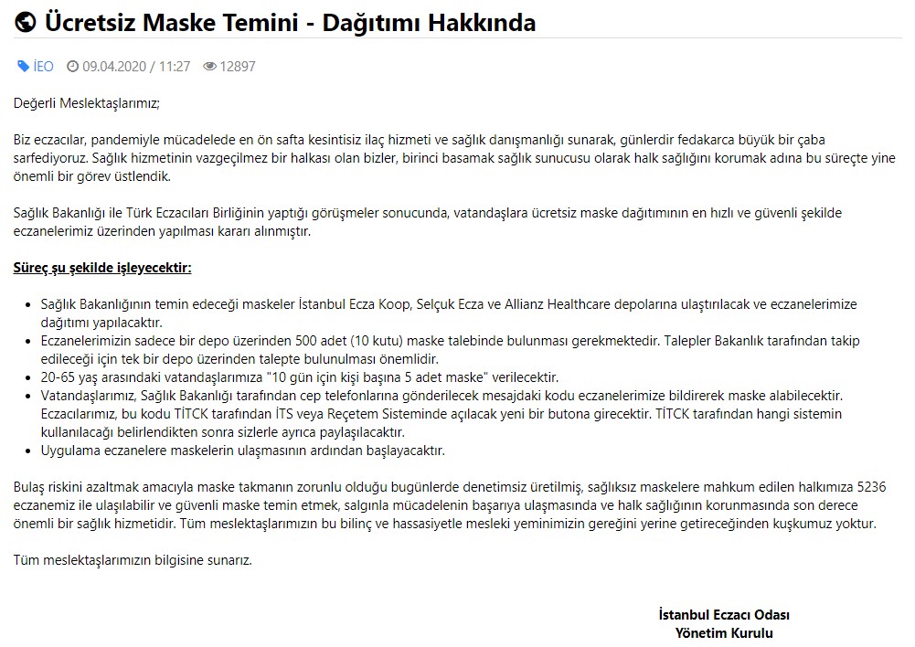 İstanbul'da Ücretsiz Maske Dağıtımı Eczaneler Üzerinden Başlıyor