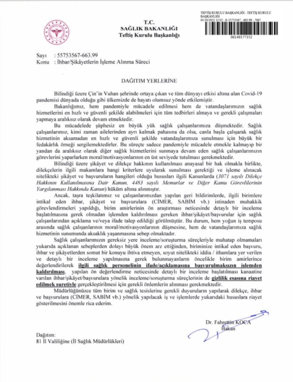Sağlık Bakanlığı'ndan Sağlık Çalışanlarına Yönelik Yeni Talimatlar